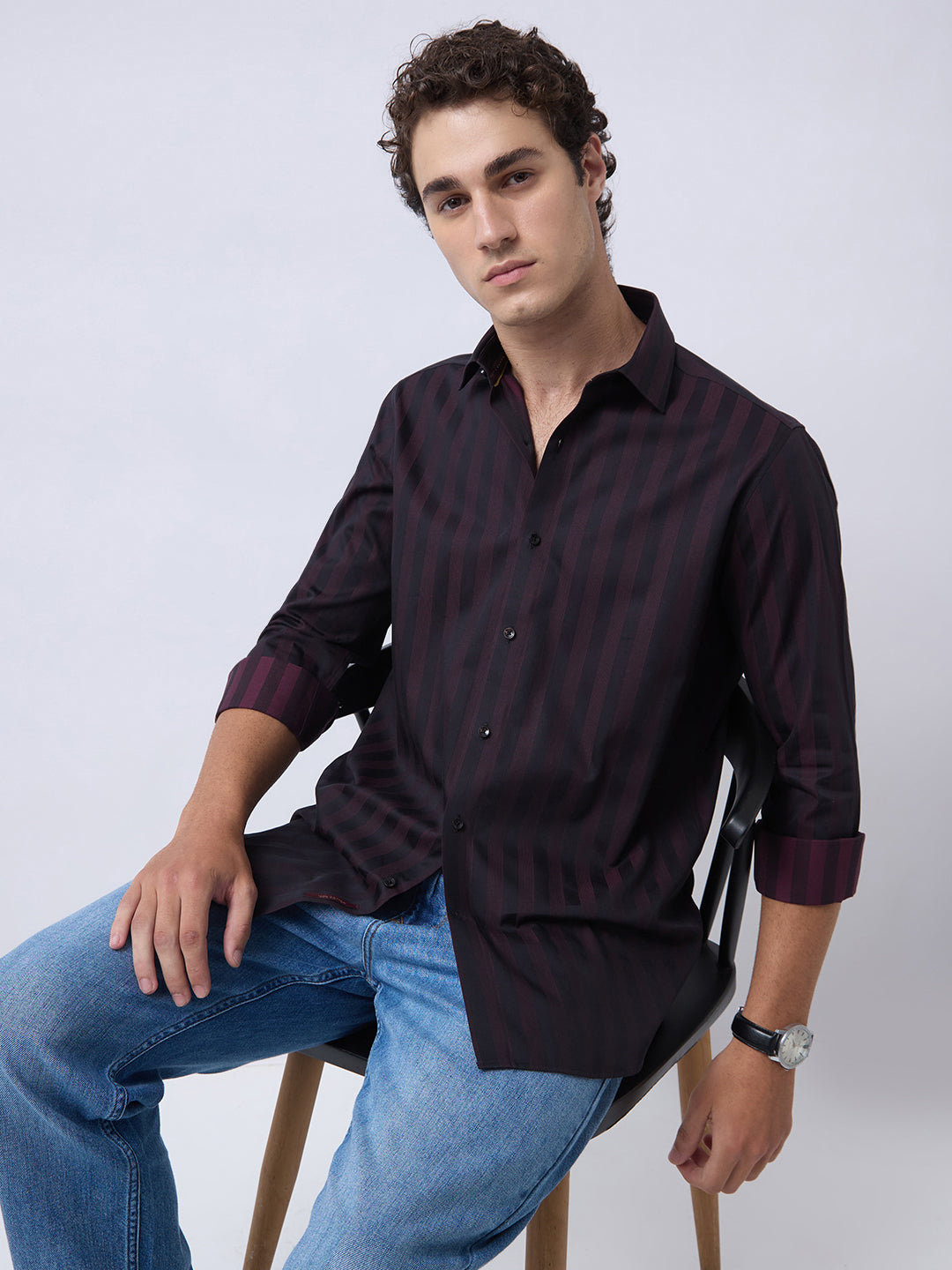 Men's Pure Cotton Stripes Slim Fit Full Sleeve Casual Shirt - Maroon