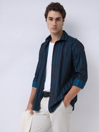 Men's Pure Cotton Stripes Slim Fit Full Sleeve Casual Shirt - Teal