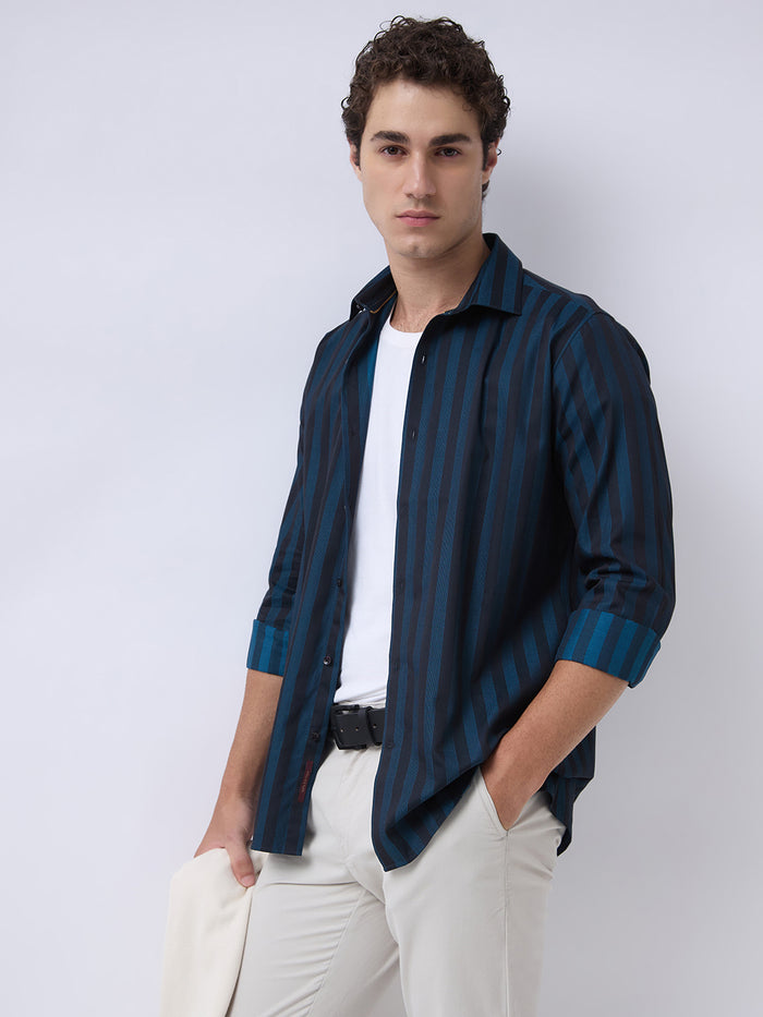 Men's Pure Cotton Stripes Slim Fit Full Sleeve Casual Shirt - Teal