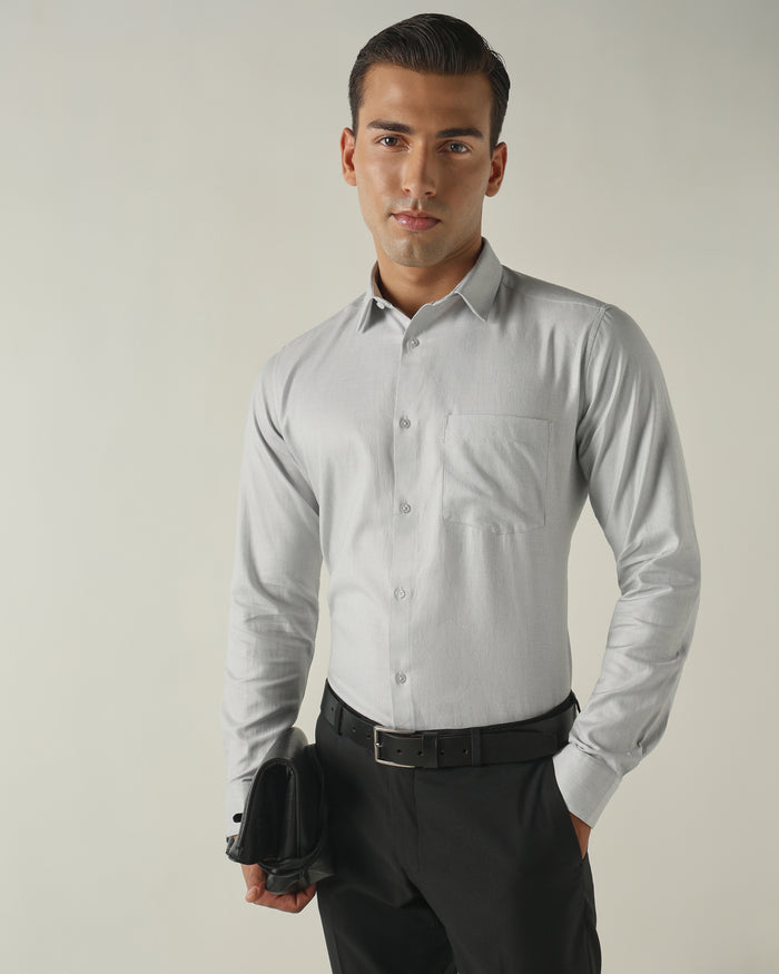 Men's Pure Cotton Dobby Solid Regular Fit Full Sleeve Formal Shirt - Grey