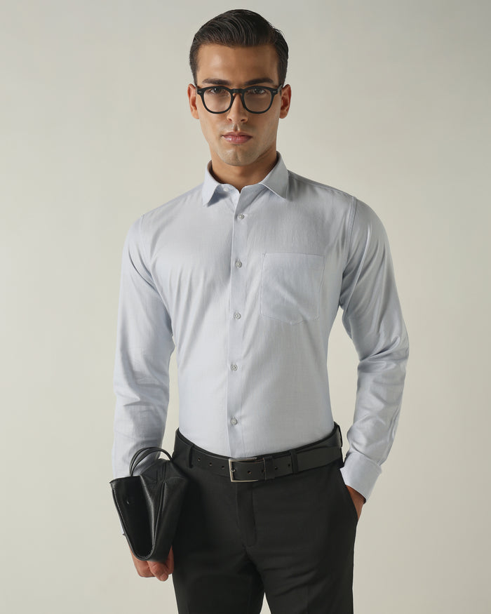 Men's Pure Cotton Dobby Solid Regular Fit Full Sleeve Formal Shirt - Light Blue