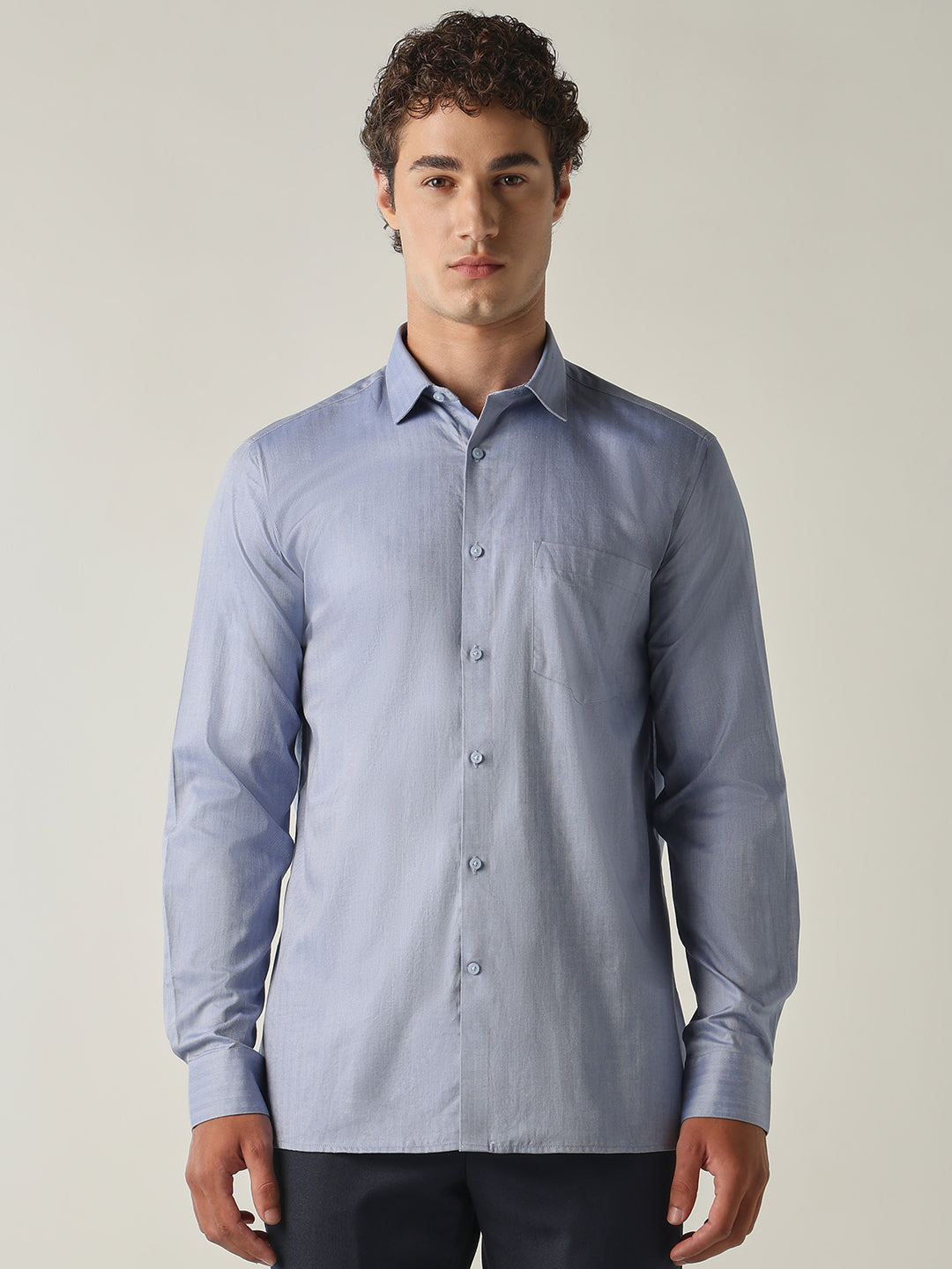 Men's Pure Cotton Herringbone Solid Regular Fit Full Sleeve Formal Shirt - Navy