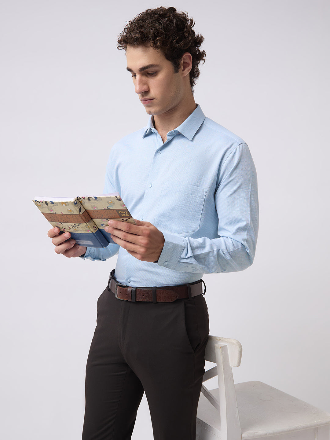 Men's Pure Cotton Dobby Solid Regular Fit Full Sleeve Formal Shirt - Aqua
