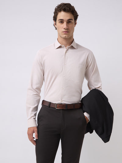 Men's Pure Cotton Dobby Solid Regular Fit Full Sleeve Formal Shirt - Beige