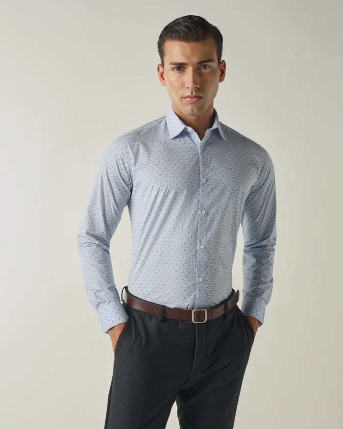 Men's Pure Cotton Print Slim Fit Full Sleeve Formal Shirt - Blue