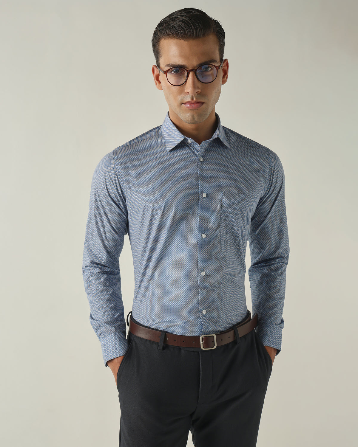 Men's Pure Cotton Print Slim Fit Full Sleeve Formal Shirt - Blue
