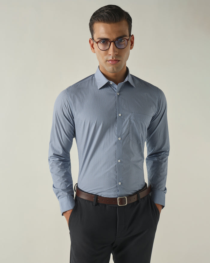 Men's Pure Cotton Print Slim Fit Full Sleeve Formal Shirt - Blue