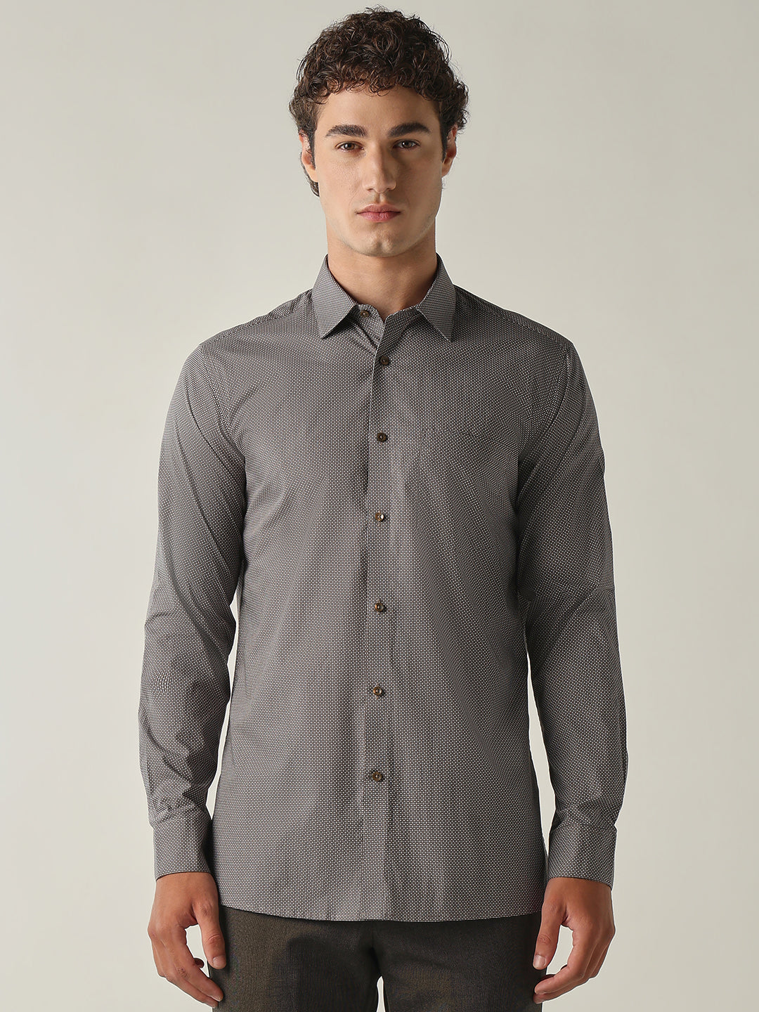 Men's Pure Cotton Printed Slim Fit Full Sleeve Formal Shirt - Brown