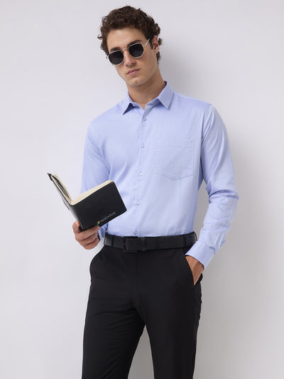Men's Pure Cotton Herringbone Solid Regular Fit Full Sleeve Formal Shirt - Blue
