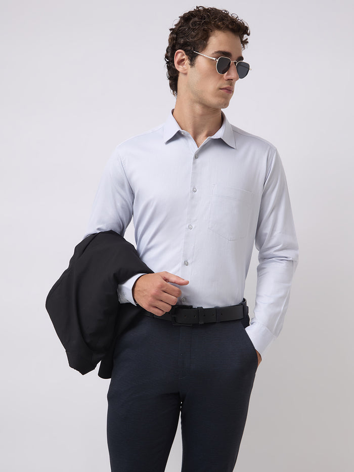 Men's Pure Cotton Herringbone Solid Regular Fit Full Sleeve Formal Shirt - Grey