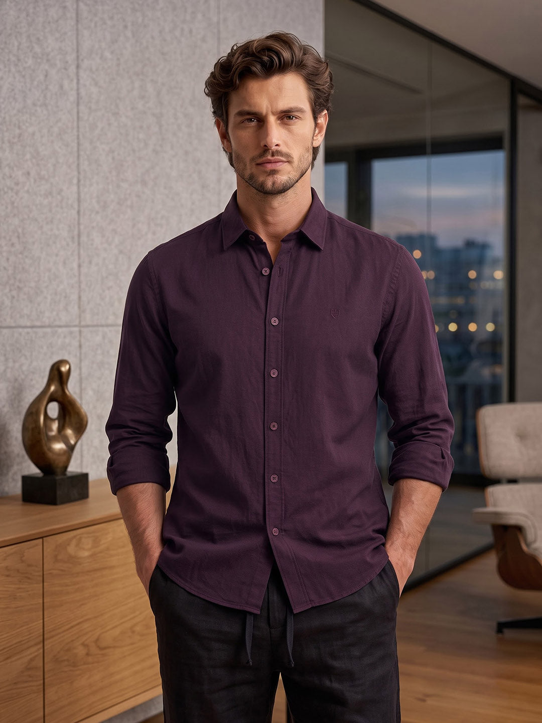 Men's Pure Cotton Solid Slim Fit Full Sleeve Casual Shirt - Maroon