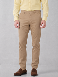 Men's Solid Cotton Stretch Regular Fit Casual Trousers - Beige