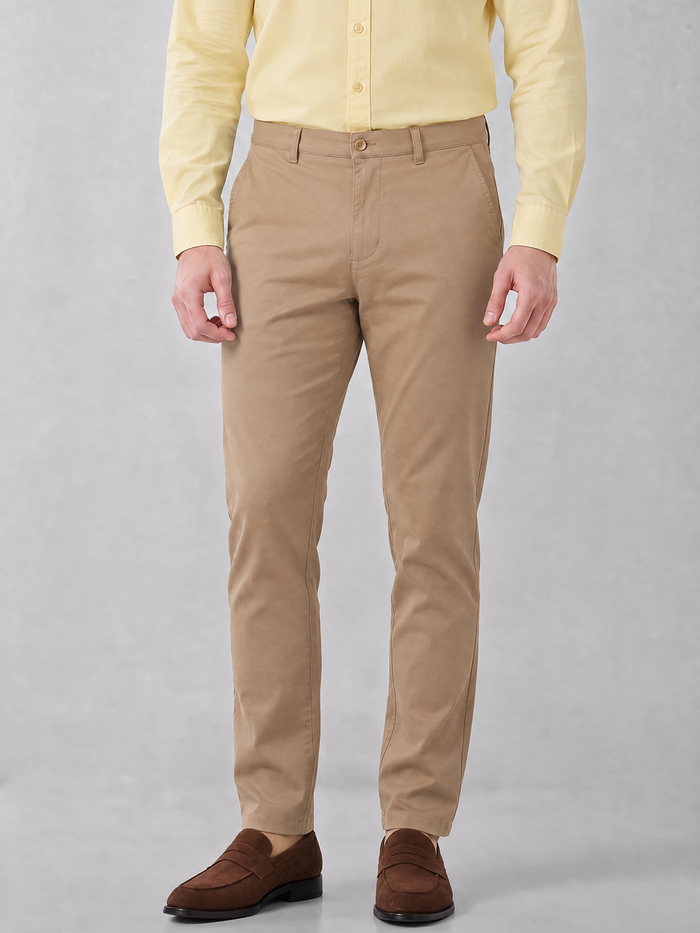 Men's Solid Cotton Stretch Regular Fit Casual Trousers - Beige