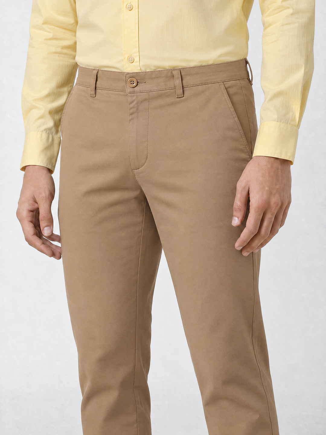 Men's Solid Cotton Stretch Regular Fit Casual Trousers - Beige