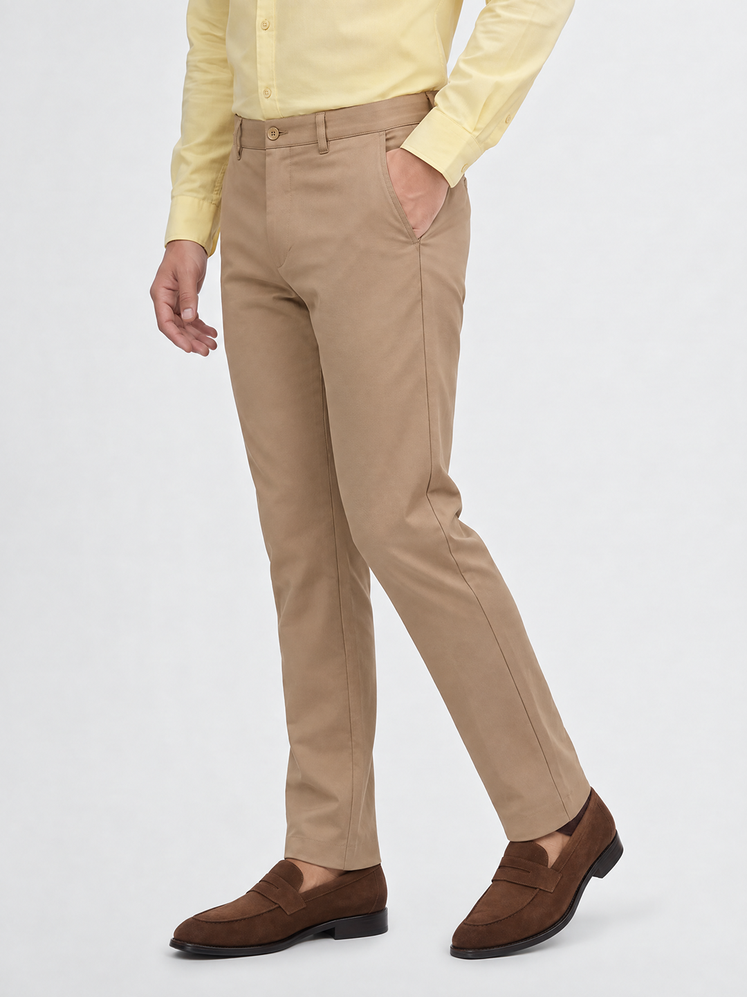 Men's Solid Cotton Stretch Regular Fit Casual Trousers - Beige