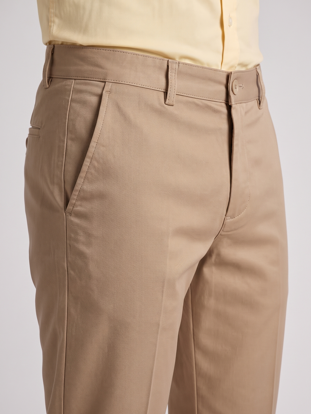 Men's Solid Cotton Stretch Regular Fit Casual Trousers - Beige