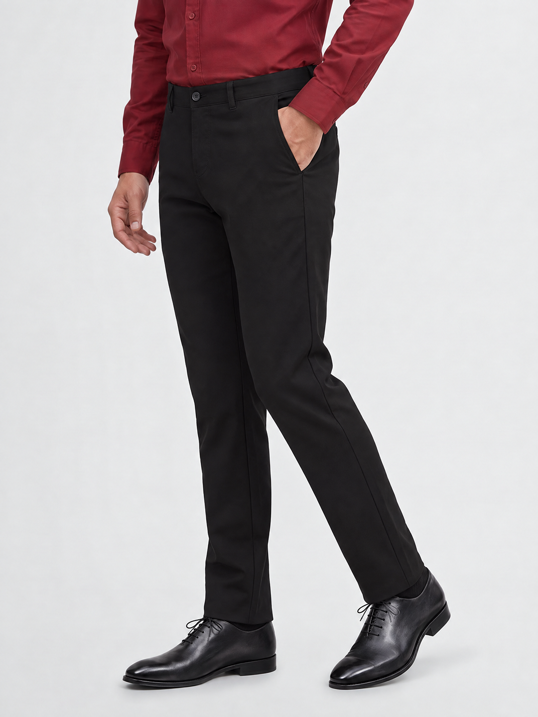 Men's Solid Cotton Stretch Regular Fit Casual Trousers - Black