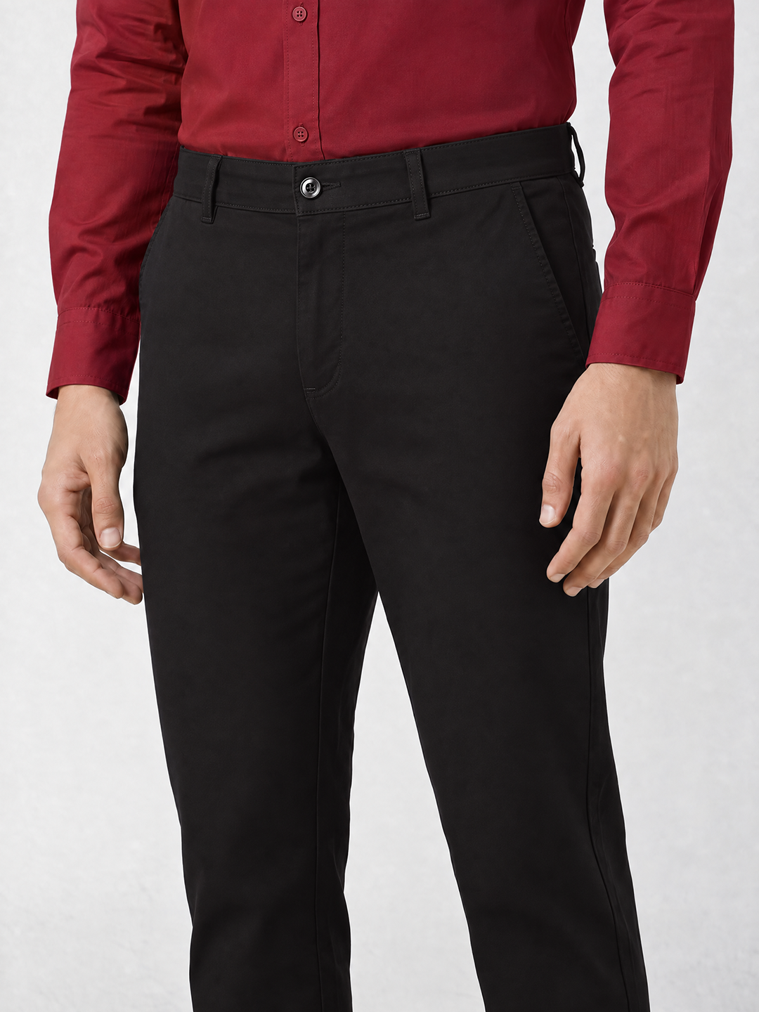 Men's Solid Cotton Stretch Regular Fit Casual Trousers - Black
