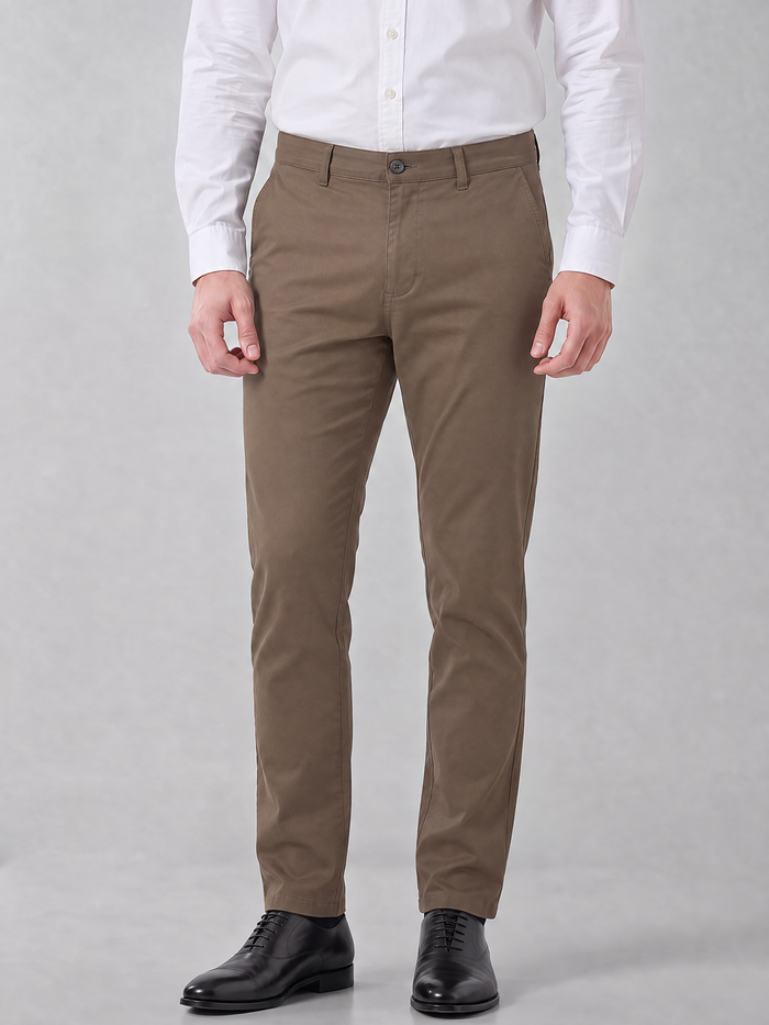 Men's Solid Cotton Stretch Regular Fit Casual Trousers - Light Grey