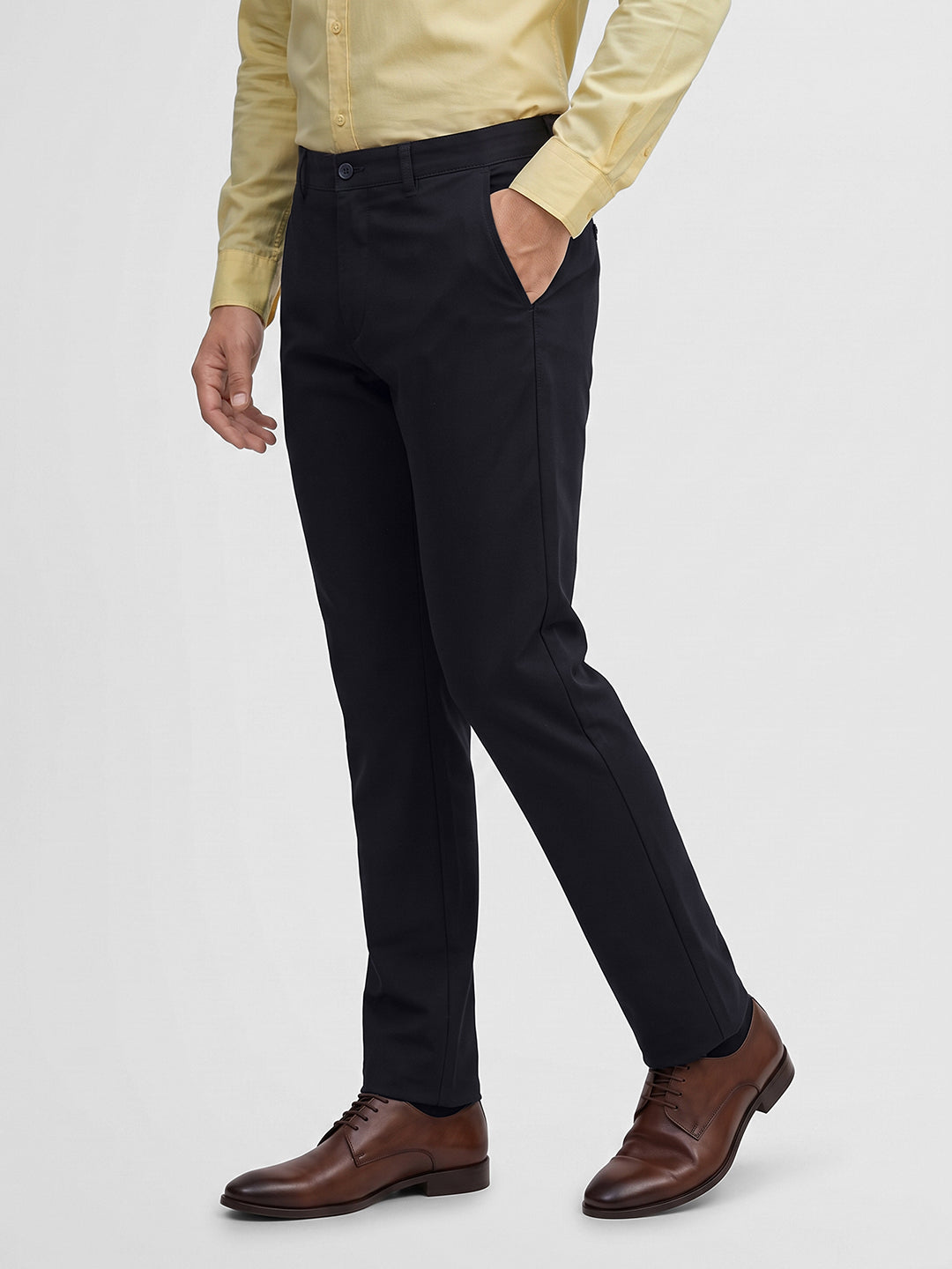 Men's Solid Cotton Stretch Regular Fit Casual Trousers - Navy