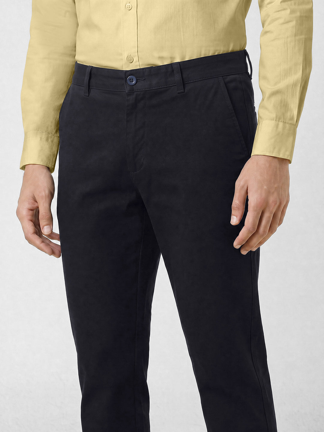 Men's Solid Cotton Stretch Regular Fit Casual Trousers - Navy