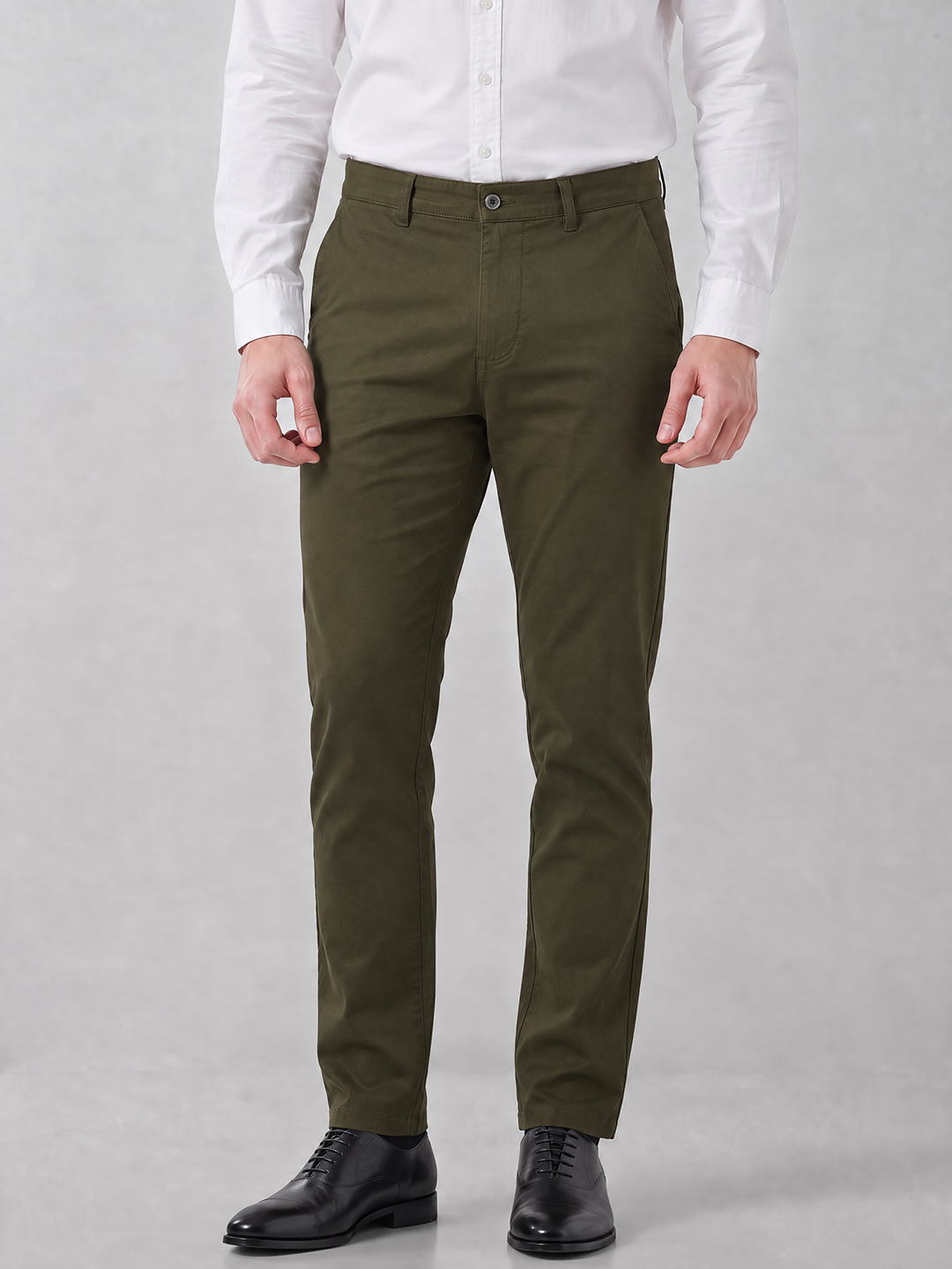 Men's Solid Cotton Stretch Regular Fit Casual Trousers - Olive
