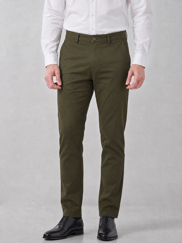 Men's Solid Cotton Stretch Regular Fit Casual Trousers - Olive