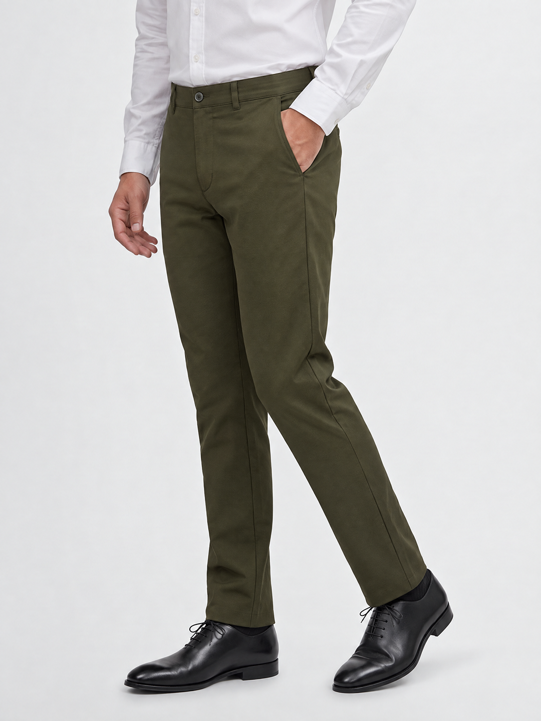 Men's Solid Cotton Stretch Regular Fit Casual Trousers - Olive