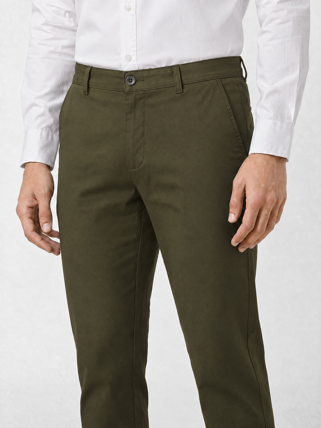 Men's Solid Cotton Stretch Regular Fit Casual Trousers - Olive