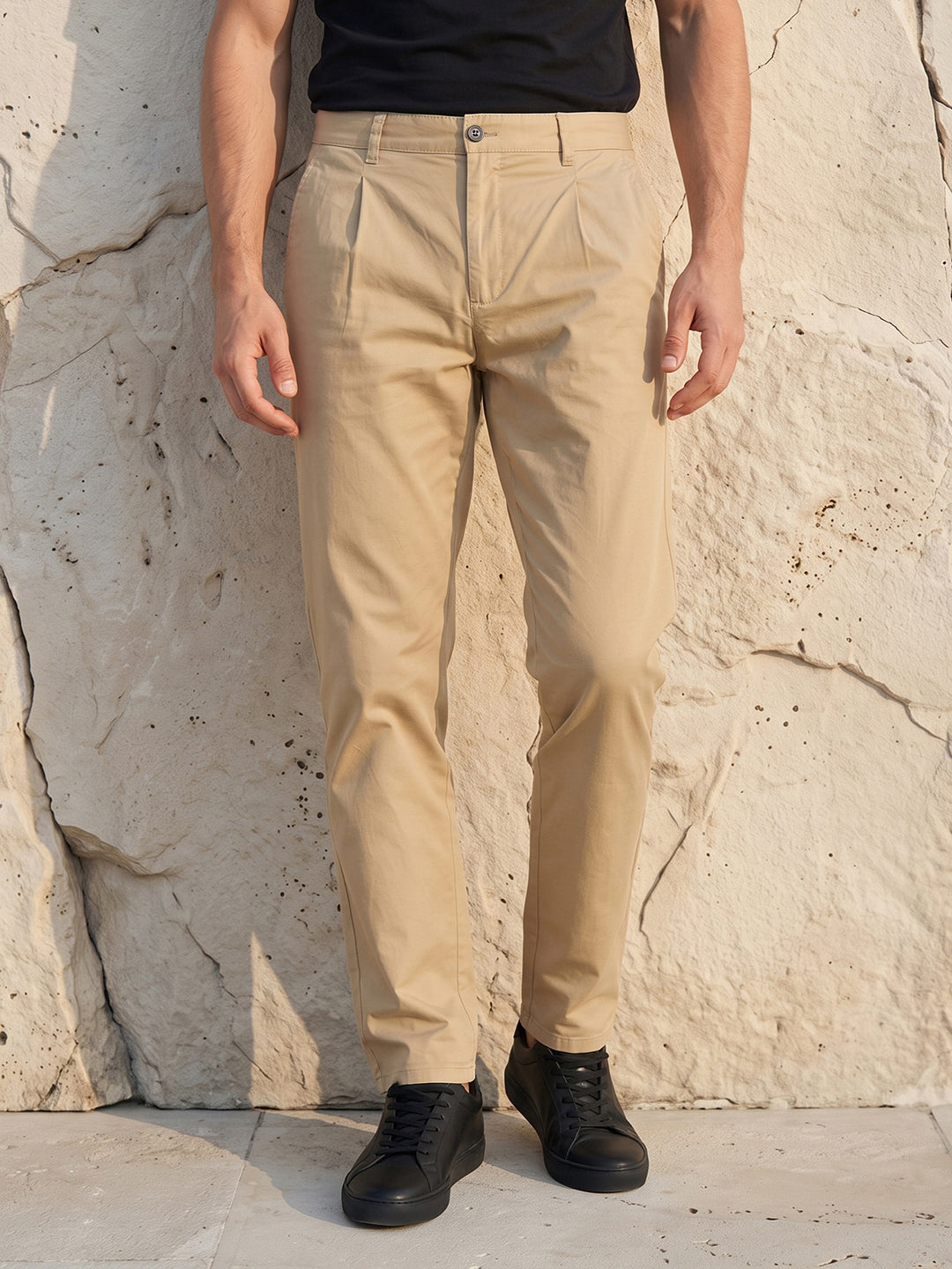 Men's Solid Pure Cotton Regular Fit Casual Trousers-Brown