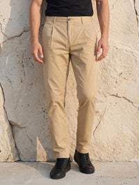 Men's Solid Pure Cotton Regular Fit Casual Trousers-Brown