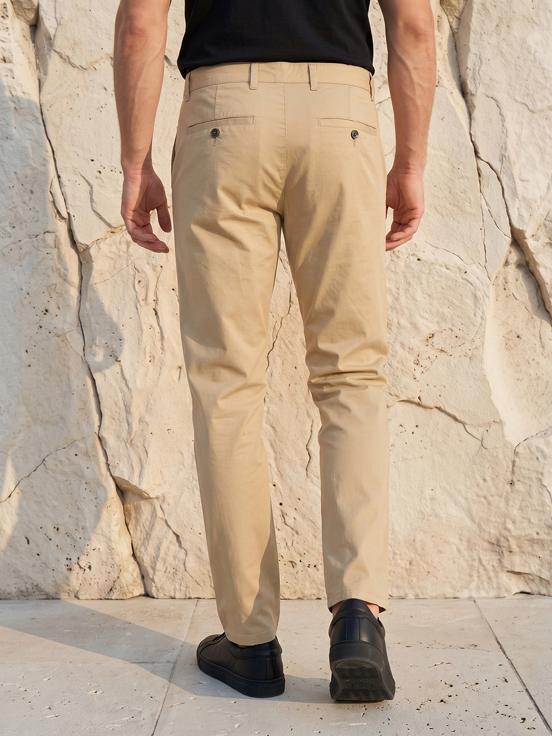Men's Solid Pure Cotton Regular Fit Casual Trousers-Brown