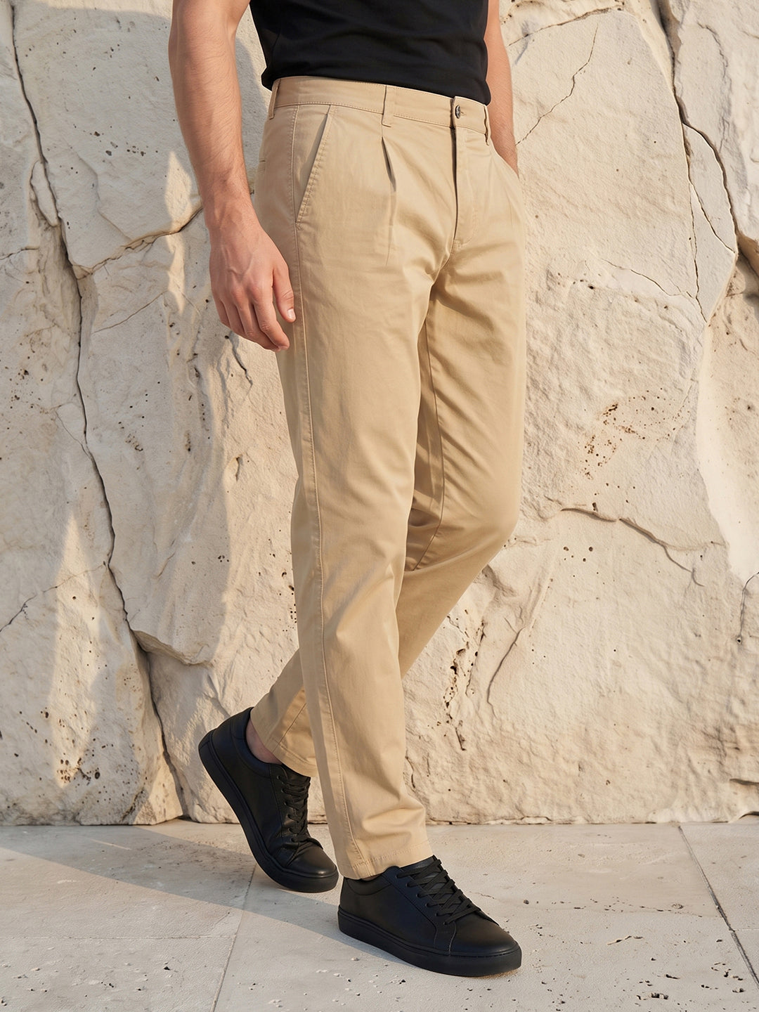Men's Solid Pure Cotton Regular Fit Casual Trousers-Brown