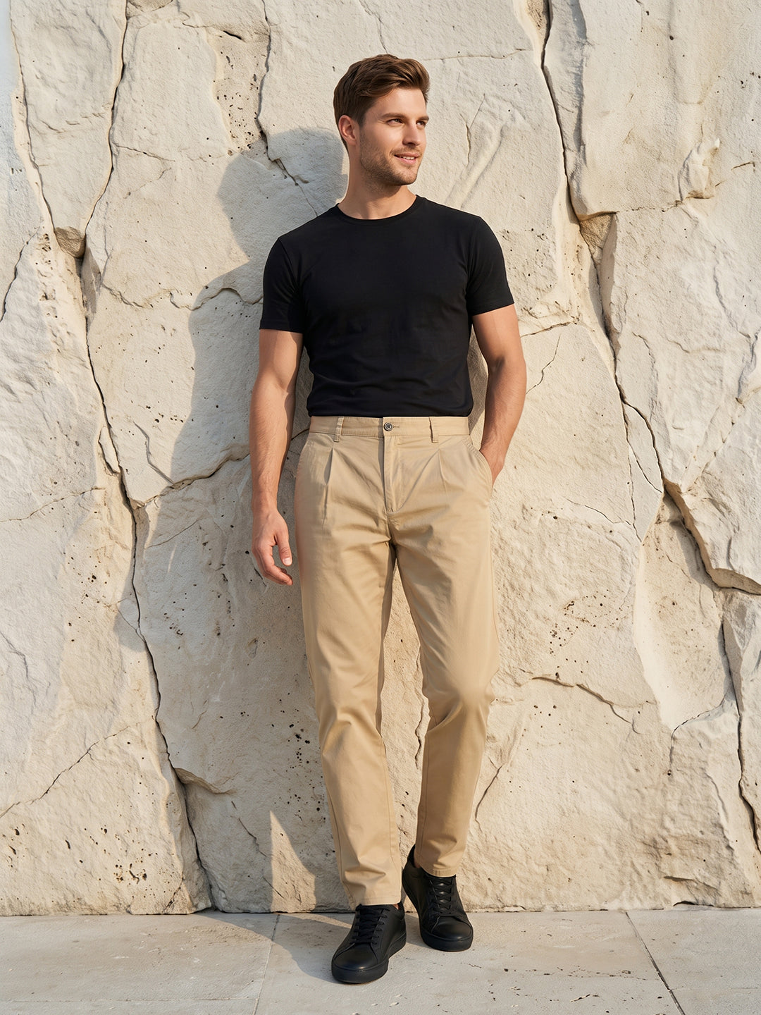 Men's Solid Pure Cotton Regular Fit Casual Trousers-Brown