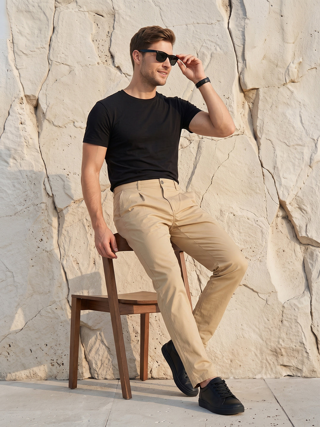 Men's Solid Pure Cotton Regular Fit Casual Trousers-Brown
