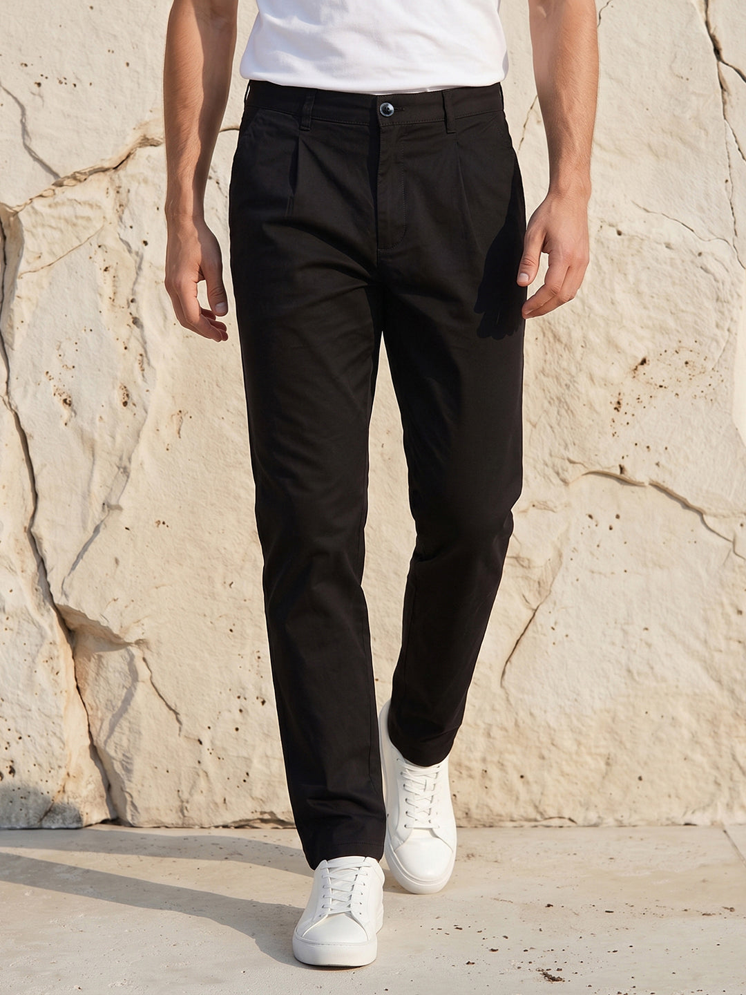 Men's Solid Pure Cotton Regular Fit Casual Trousers-Black