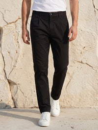 Men's Solid Pure Cotton Regular Fit Casual Trousers-Black