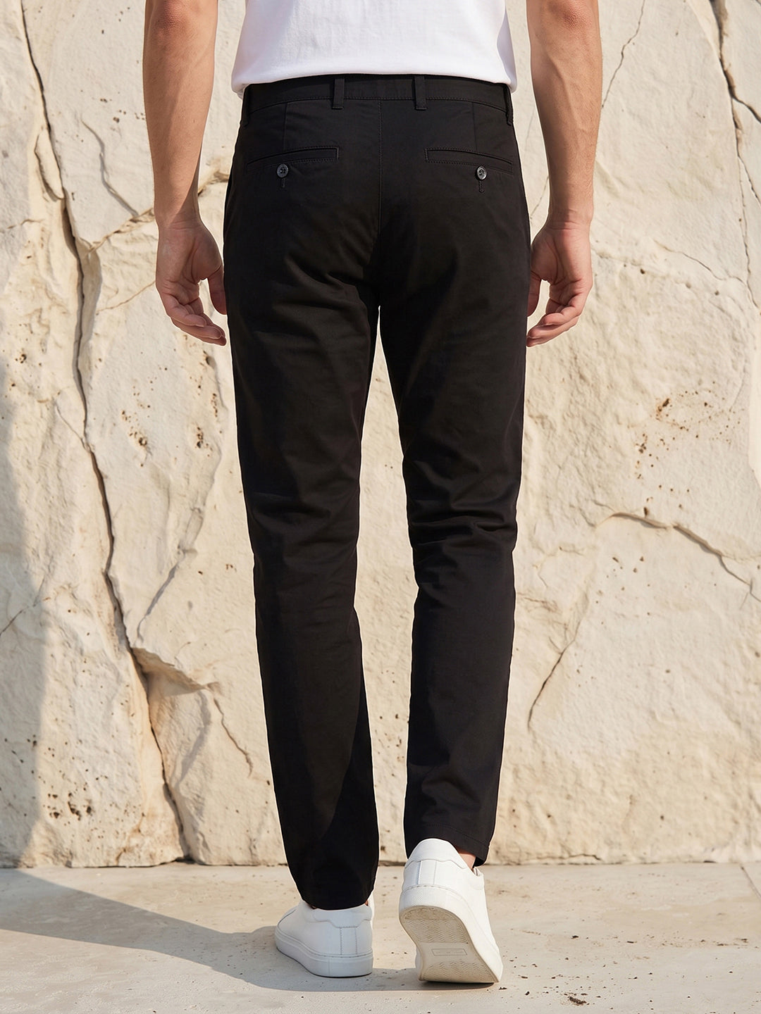 Men's Solid Pure Cotton Regular Fit Casual Trousers-Black