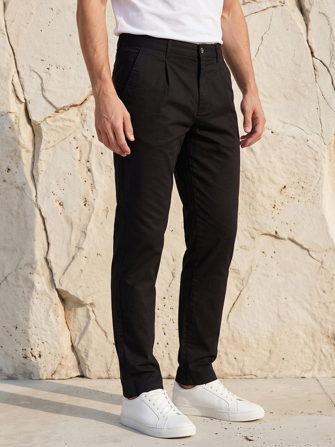 Men's Solid Pure Cotton Regular Fit Casual Trousers-Black