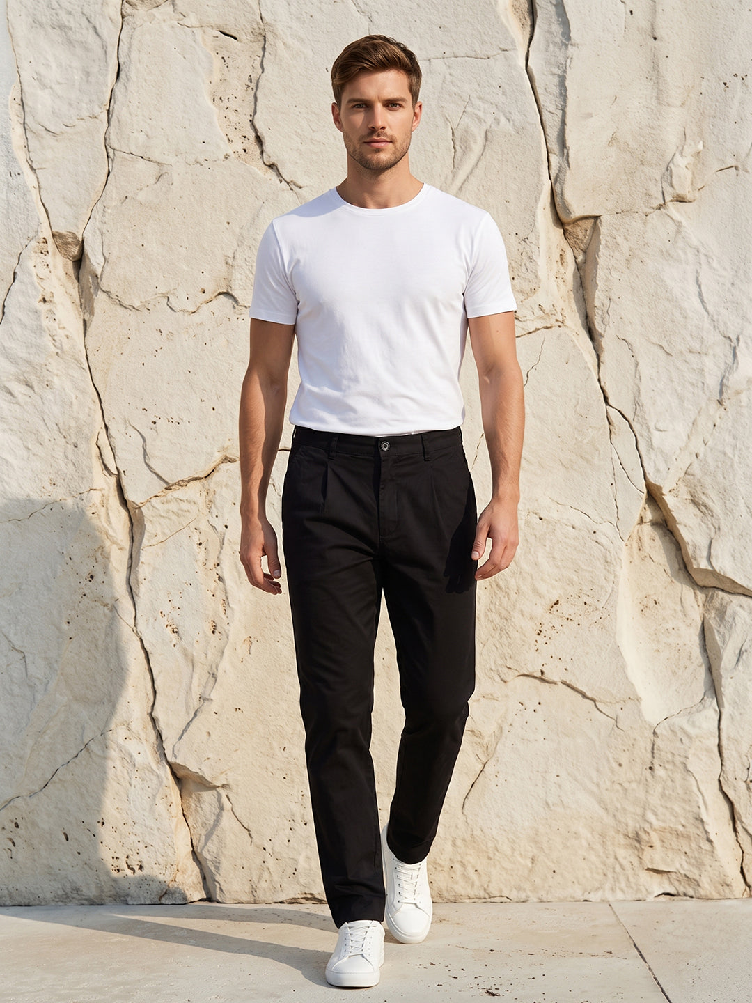 Men's Solid Pure Cotton Regular Fit Casual Trousers-Black