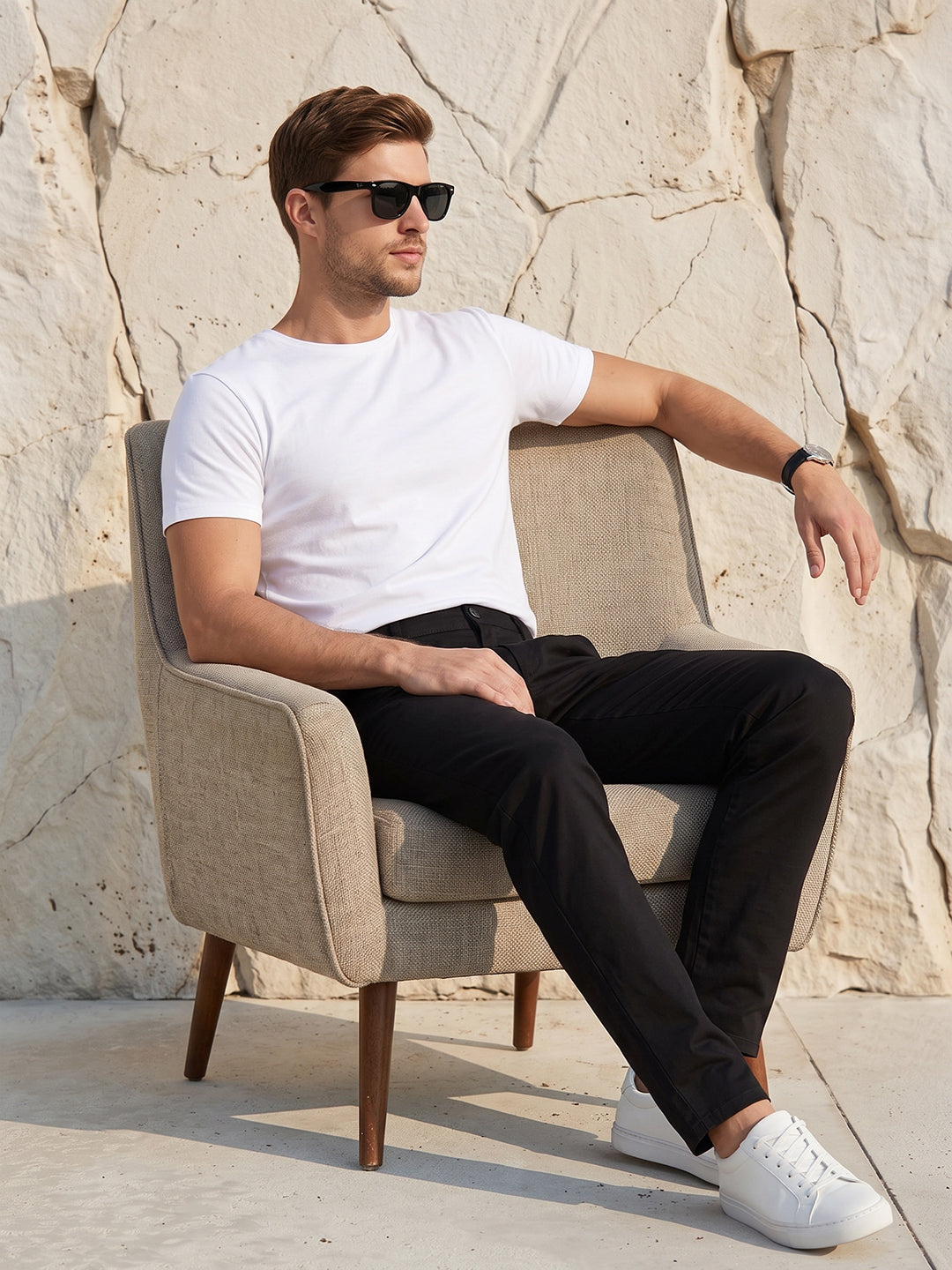 Men's Solid Pure Cotton Regular Fit Casual Trousers-Black