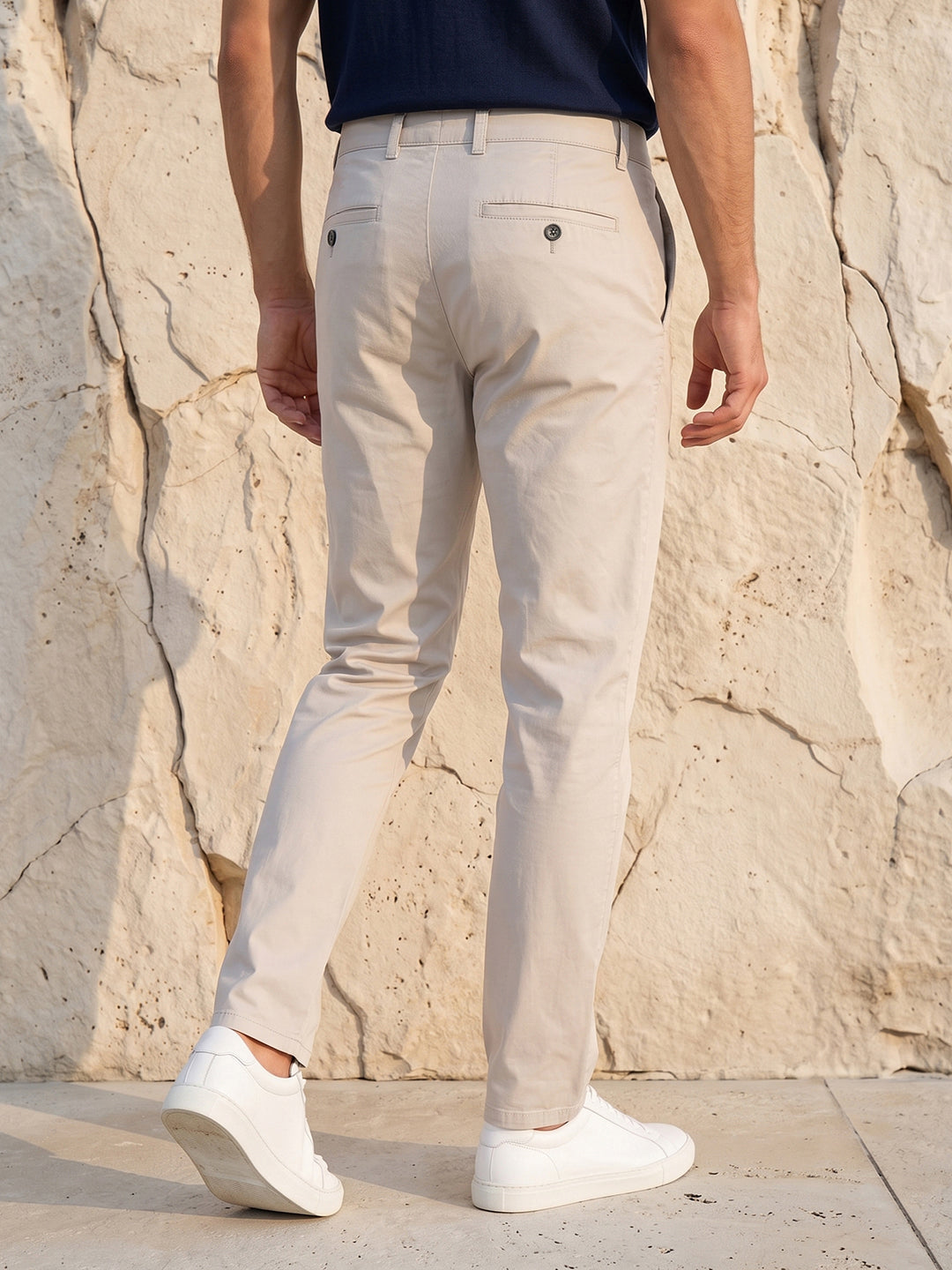 Men's Solid Pure Cotton Regular Fit Casual Trousers-Beige