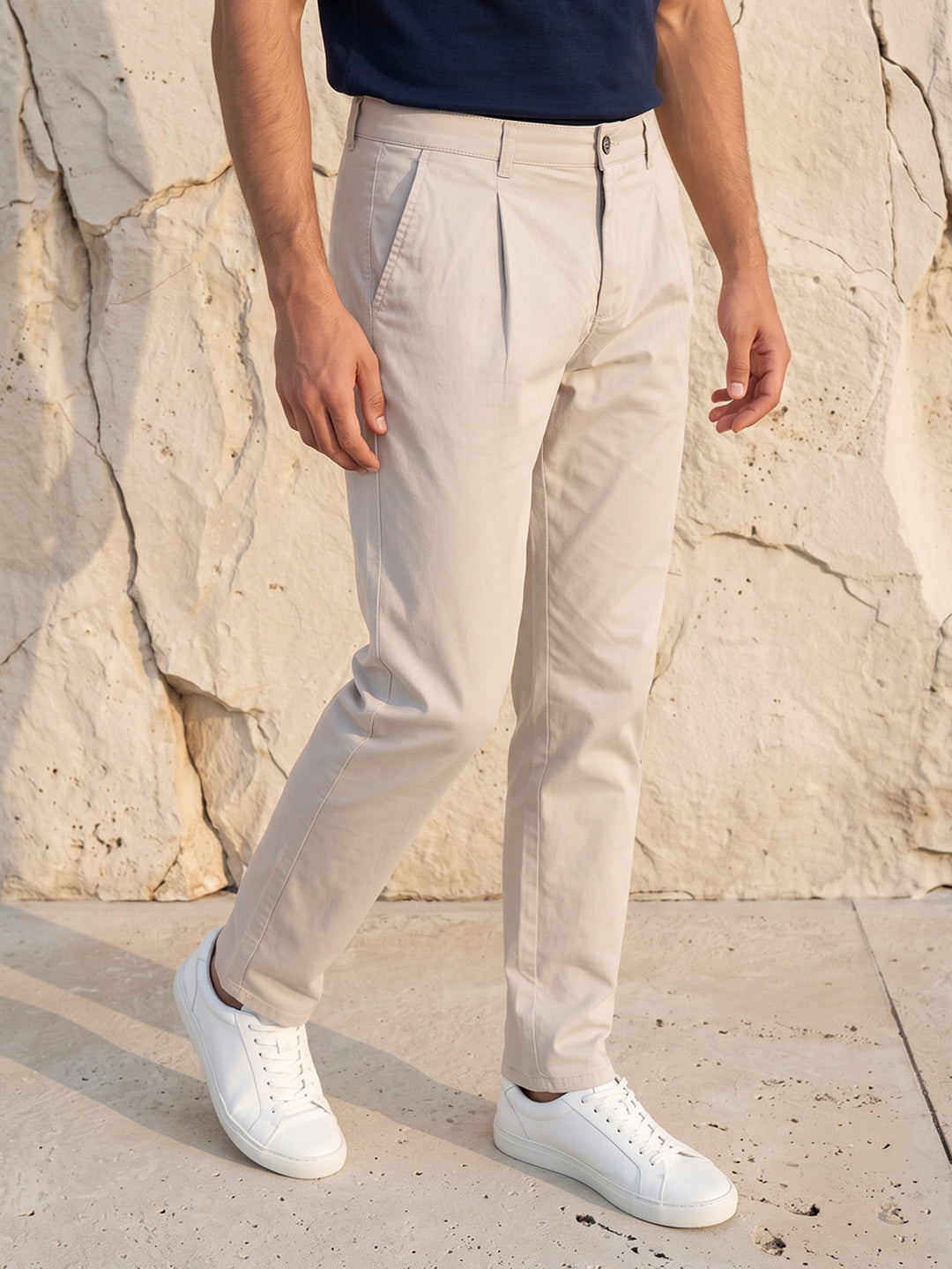 Men's Solid Pure Cotton Regular Fit Casual Trousers-Beige