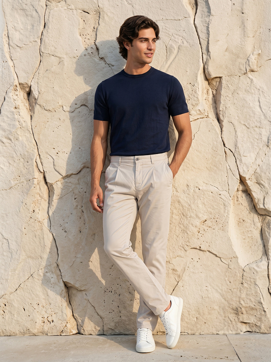 Men's Solid Pure Cotton Regular Fit Casual Trousers-Beige