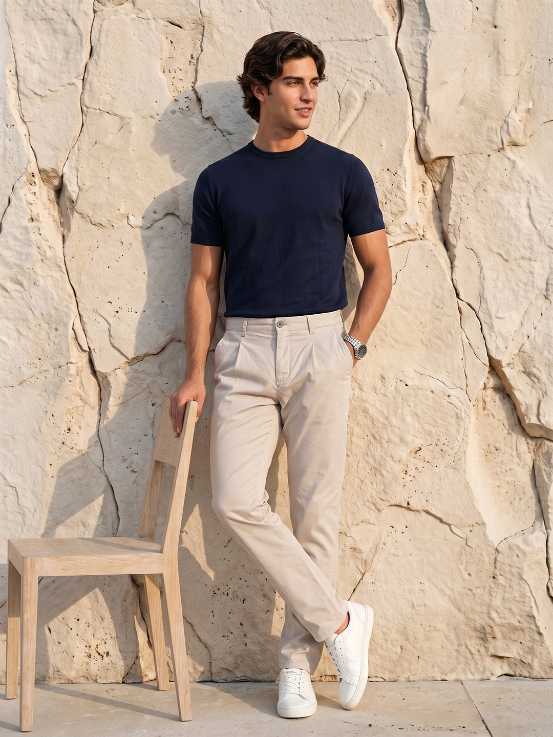 Men's Solid Pure Cotton Regular Fit Casual Trousers-Beige