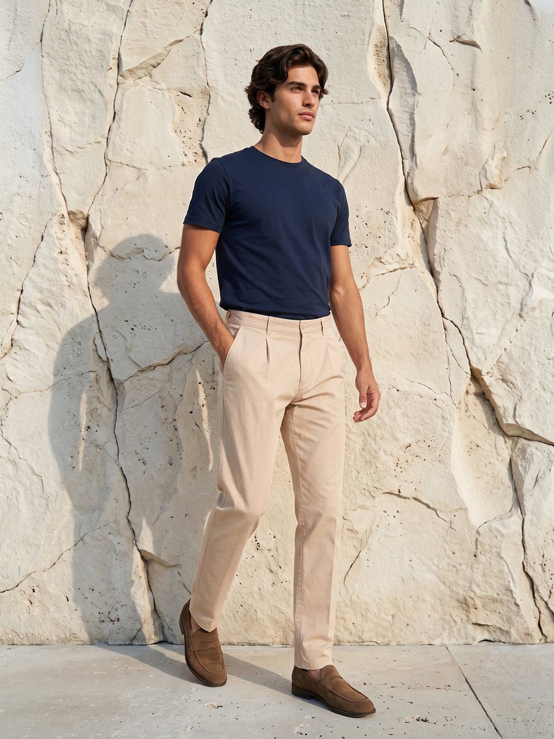 Men's Solid Pure Cotton Regular Fit Casual Trousers-Cream