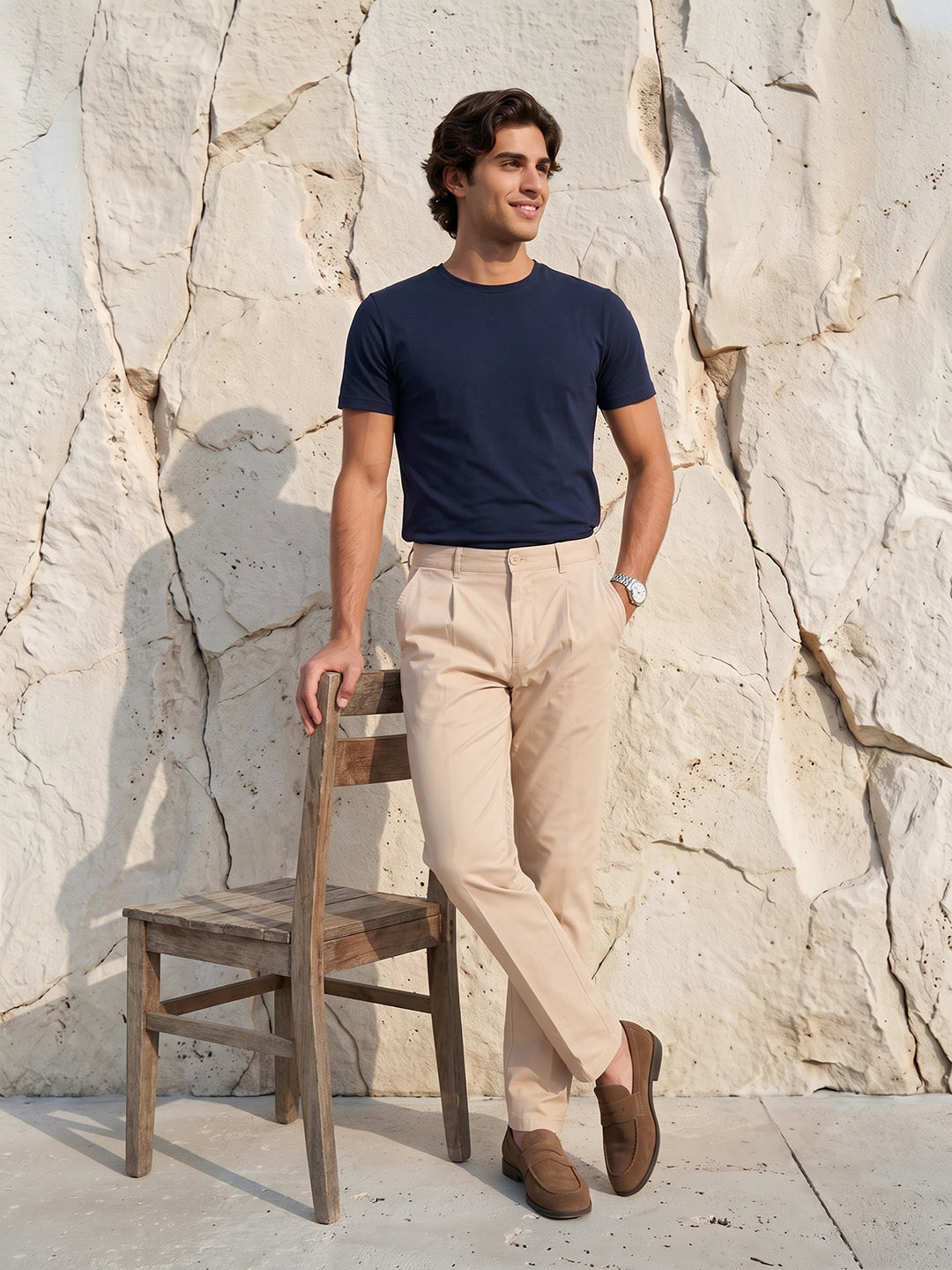 Men's Solid Pure Cotton Regular Fit Casual Trousers-Cream