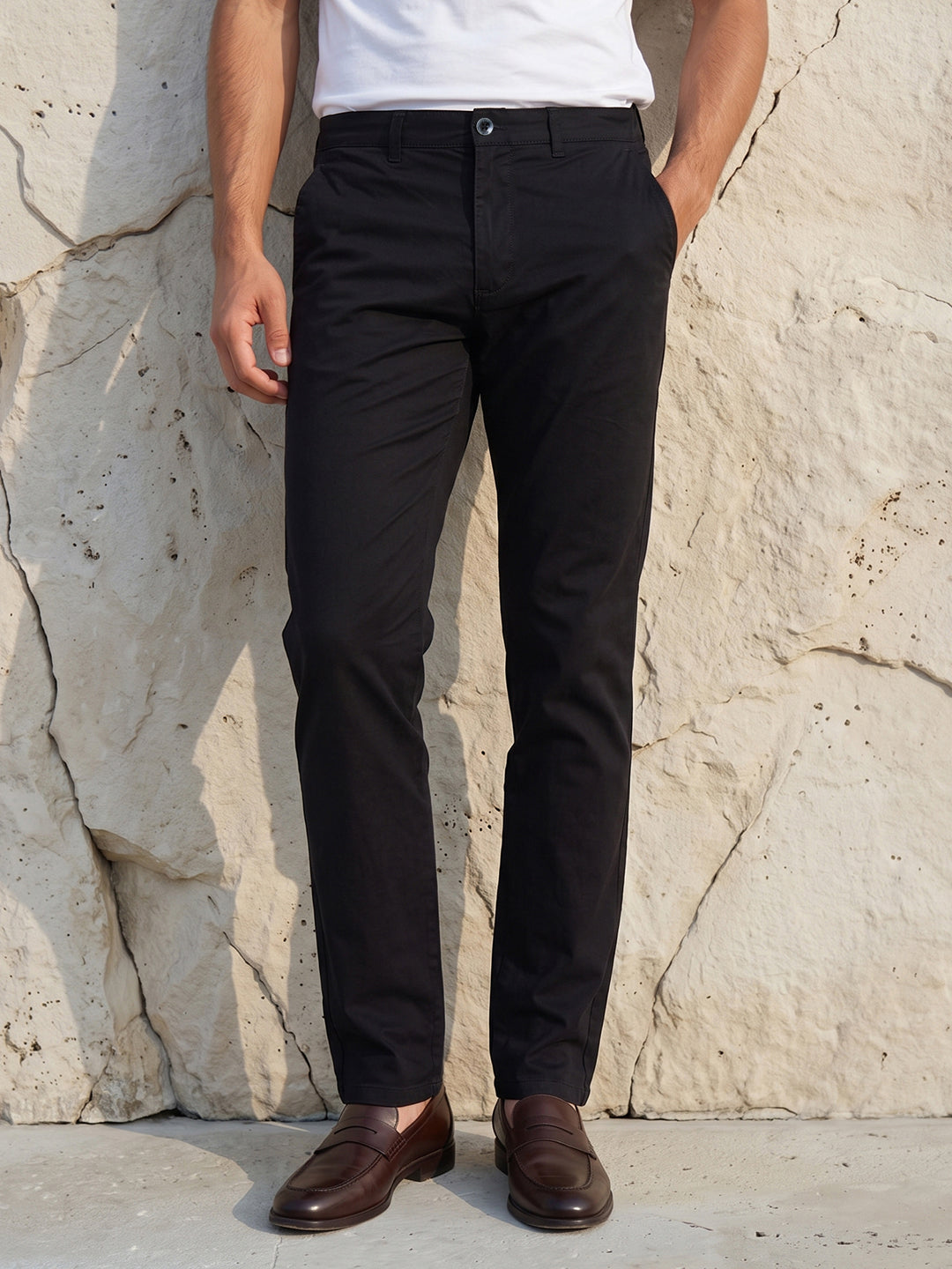 Men's Solid Pure Cotton Regular Fit Casual Trousers-Black