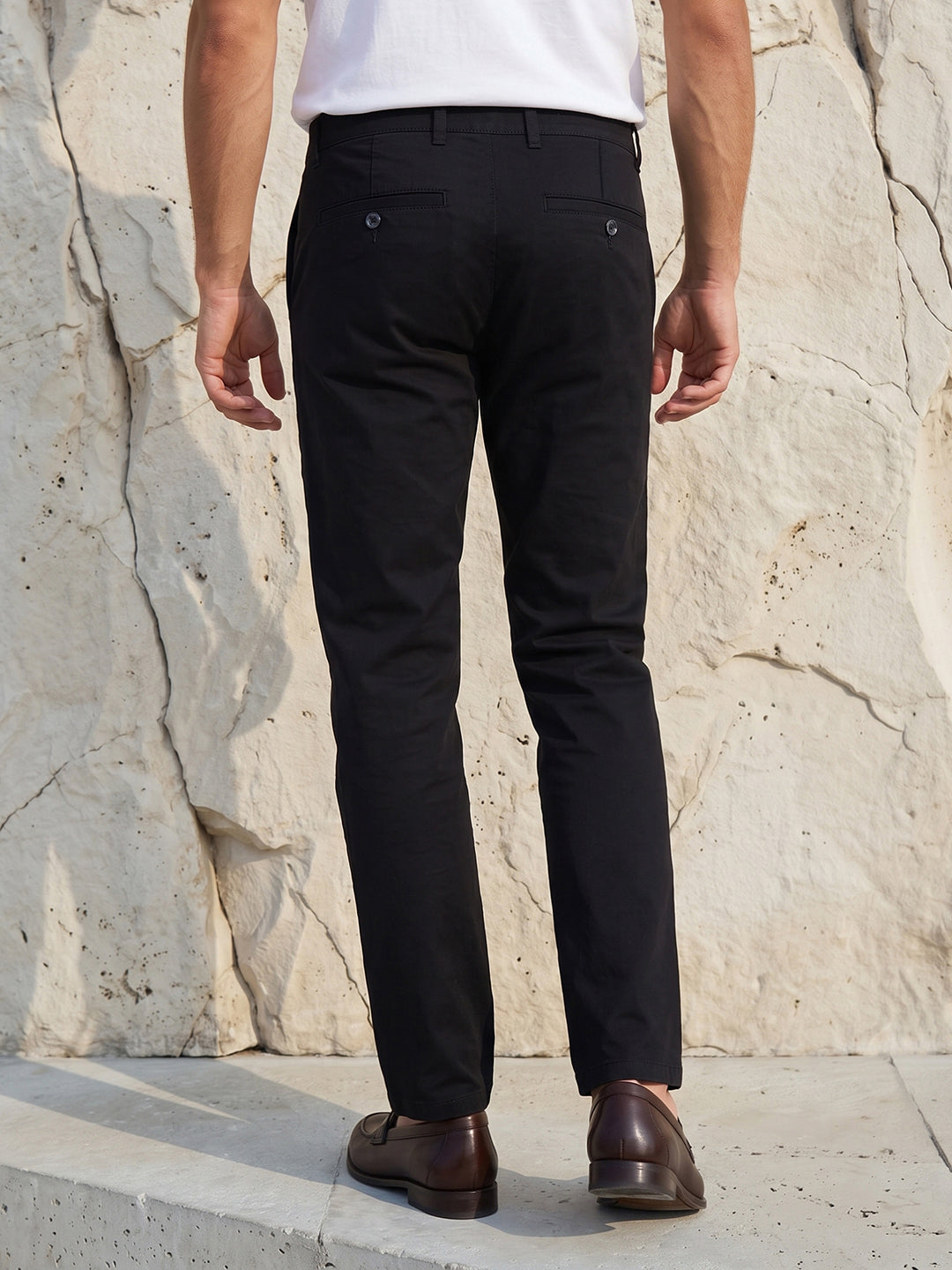 Men's Solid Pure Cotton Regular Fit Casual Trousers-Black