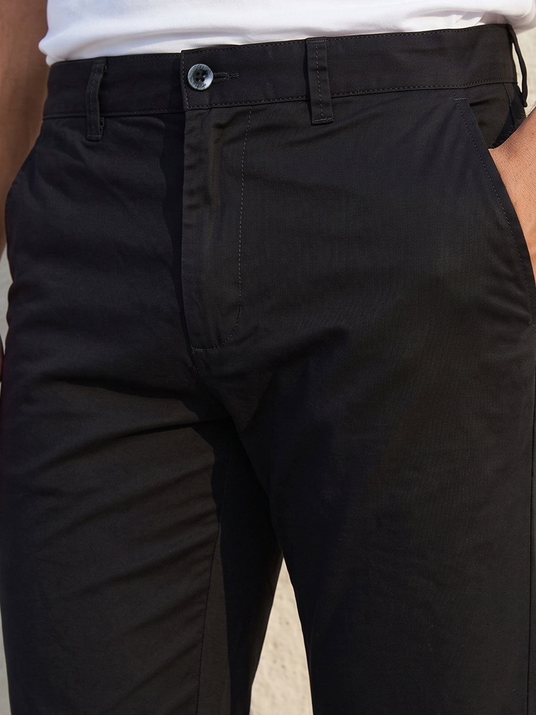 Men's Solid Pure Cotton Regular Fit Casual Trousers-Black